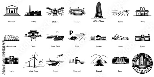 公共施設と土地利用計画のシンプルシルエット素材、Simple Silhouette Icons for Public Facilities and Land Utilization
