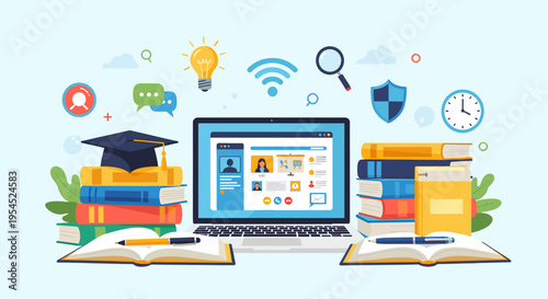 Digital learning and online education concept with laptop, books, graduation cap, and various icons representing knowledge and connectivity.