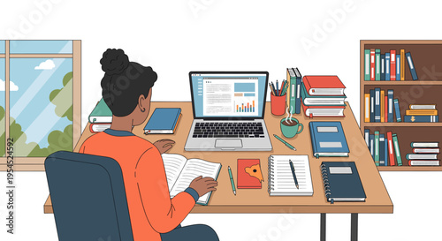 A young woman is studying at her desk, surrounded by books, a laptop, and stationery, with a window showing a bright, sunny day.