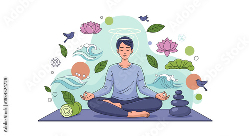 A person meditating peacefully in a lotus position surrounded by natural elements like lotus flowers, birds, waves, and zen stones, symbolizing tranquility and mindfulness.