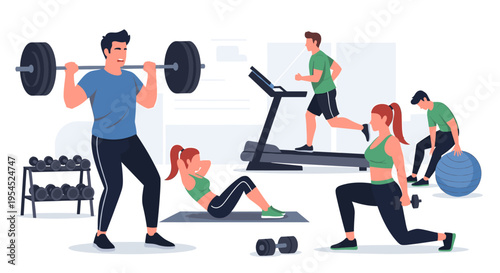 Diverse group of people engaging in various fitness activities like weightlifting, running, sit-ups, and lunges in a modern gym environment, promoting health and exercise.