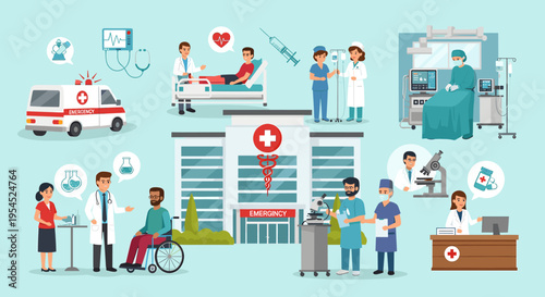 Comprehensive illustration of a modern hospital and various healthcare services, including patient care, emergency response, surgery, and medical consultations with doctors and nurses.