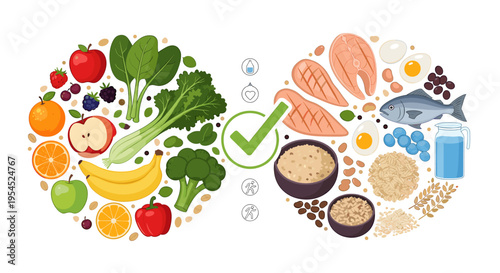 Illustration of a balanced diet showing two circles, one with fruits and vegetables and the other with proteins and grains, emphasizing healthy eating choices.