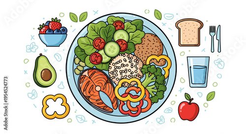A vibrant illustration of a balanced meal featuring salmon, quinoa, fresh salad, vegetables, fruits, and water, promoting healthy eating.