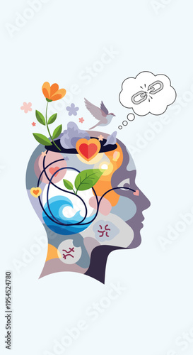 Bild auf Leinwand A colorful illustration of a human head filled with nature elements like flowers, a bird, and a heart, with a thought bubble showing a broken chain, symbolizing mental freedom and well-being