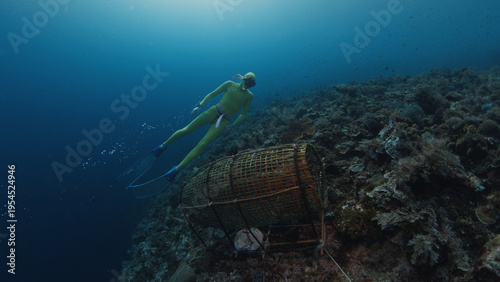 Freediver swims underwater near the wooden fish trap, Alor island, Indonesia