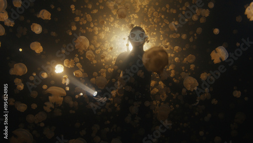 Night freediving. Freediver swims underwater with jellyfish in the lake in Papua, Indonesia