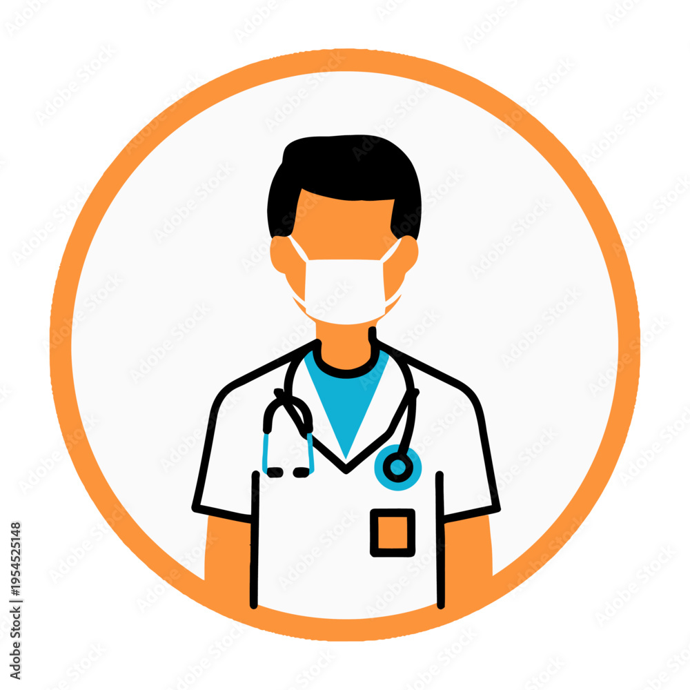 Fototapeta premium Vector of a healthcare provider wearing a mask and stethoscope inside an orange circle