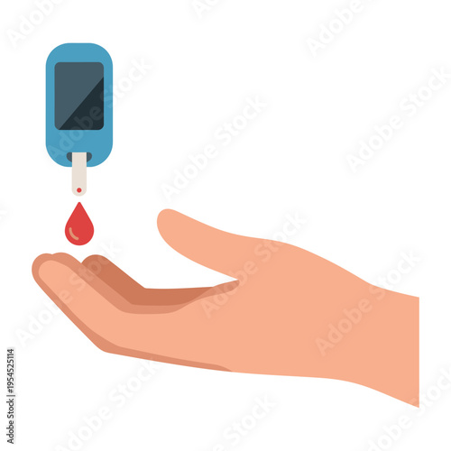 Vector of a glucometer testing a drop of blood from a fingertip