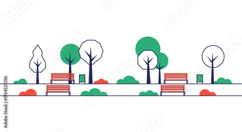Minimalist City Park Alley Vector Illustration with Trees and Benches on White Background