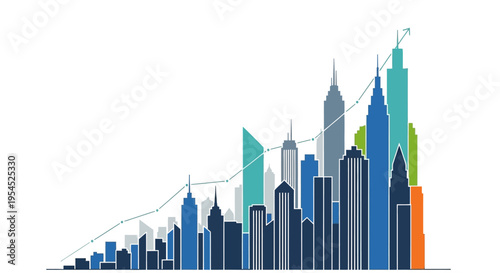 Business Growth and Urban Development Concept: City Skyline with Rising Financial Graph and Real Estate Market Trends Illustration