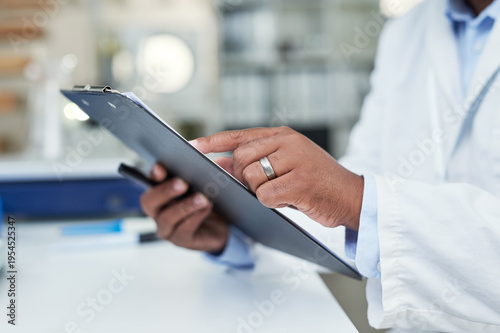 Konstfotografi Scientist, hands and review clipboard in lab for clinical trial diagnostics, progress report and innovation