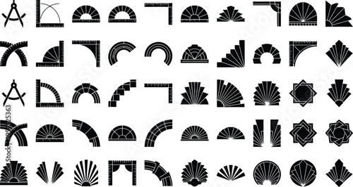 Collection of 50 Geometric Shapes and Drafting Tools for Design Keywords: geometric, shape, drafting, tool, ruler, compass, protractor, corner, arc, segment, fan, star, square, design, element