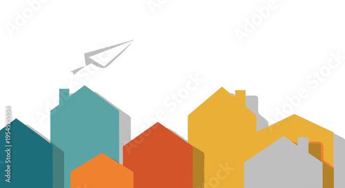 Real Estate Concept with Colorful Paper Houses and Paper Airplane Flying Above. Symbol of Relocation, New Home Search, and Property Investment on White Background.