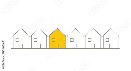 Minimalist Row of House Icons with One Unique Yellow House Standing Out - Real Estate Concept