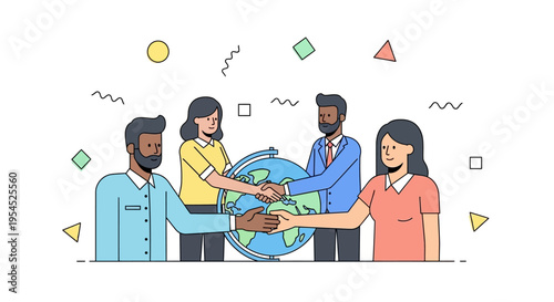 Diverse Business Partners Shaking Hands Around Globe Illustration - Concept of Global Cooperation, International Unity, and Teamwork