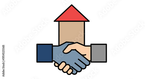 Real Estate Handshake Illustration Symbolizing Property Deal Agreement, Mortgage Approval and Home Buying Closing Success