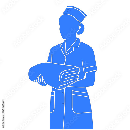 Blue vector illustration of a female hotel maid holding linens
