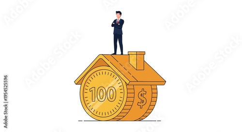 Businessman Standing on House Shaped Like Gold Coin, Real Estate Investment and Property Value Concept