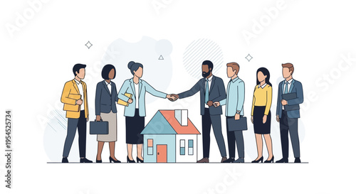 Diverse Business Professionals Shaking Hands over House Model Real Estate Partnership and Property Deal Flat Vector Illustration