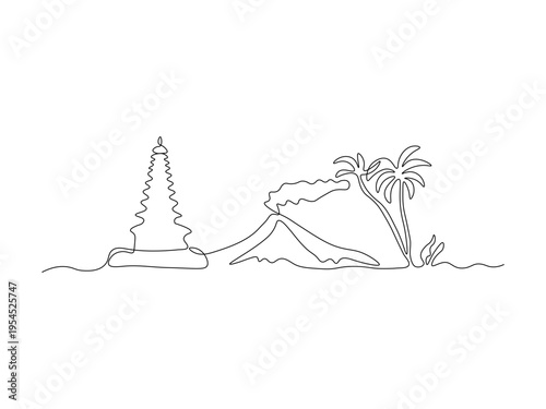 Minimalist one line drawing of a tropical island with a pagoda temple, smoking volcano and palm trees, symbolizing travel, adventure and exotic summer vacations