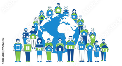 Global Real Estate and Community Concept: Diverse People Holding House Icons Around Planet Earth Globe for Sustainable Living and International Housing