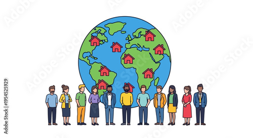 Global Real Estate and International Housing Market Concept with Diverse Group of People and House Icons on World Map