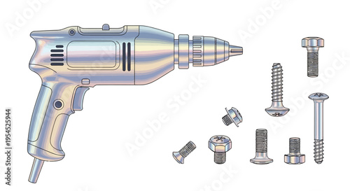 Electric drill with metal screws bolts.