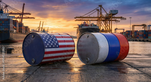 US and Russian oil barrels at a port during sunset flags