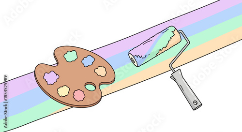 Paint Roller and Palette with Colors.
