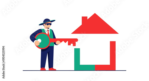 Real Estate Agent Character Holding Large Key to a Stylized House Icon, Conceptual Homeownership Vector Illustration