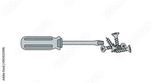Screwdriver and screws on surface.