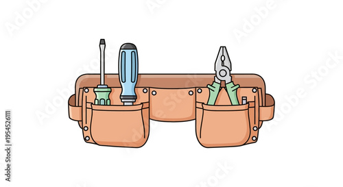 Brown leather tool belt with tools.