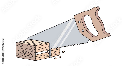 Saw cutting through wooden block piece.