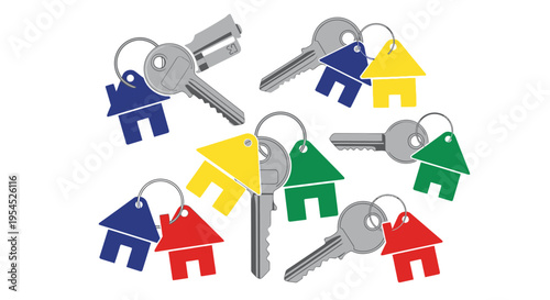 Set of House Keys with Colorful House Shaped Keychains Isolated on White Background - Real Estate, Property Management and Home Ownership Concept