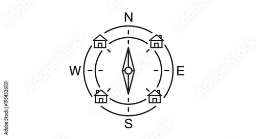 Real Estate House Compass Icon for Property Search, Relocation, and Home Hunting. Minimalist Line Art Vector Illustration of Navigation and Finding a New Residence.