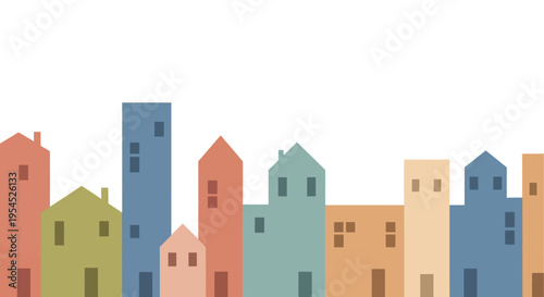 Minimalist Urban Cityscape Illustration with Flat Design Houses in Pastel Colors