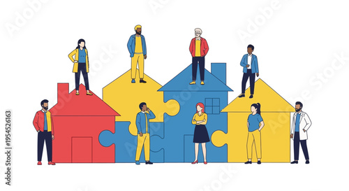Diverse Community Illustration with People and House Puzzle Pieces for Real Estate, Social Housing, and Neighborhood Unity