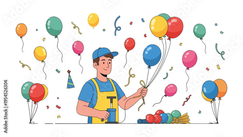 Balloons Decorator: A lively illustration showcases an individual diligently preparing festive balloons and confetti, capturing the essence of an exciting celebration.