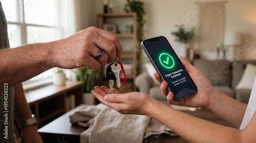 In a cozy living room, two people engage in an exciting moment. One hands over keys while the other checks a phone, celebrating a successful home purchase and a new beginning.