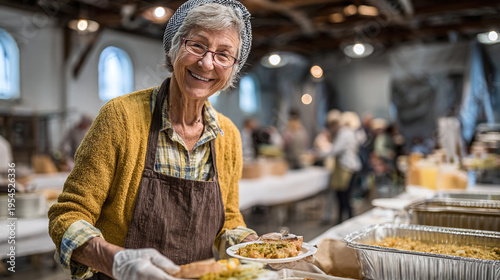 senior woman serving meal at community shelter showing kindness compassion and charity work with social support food aid and dignity for vulnerable people concept scene