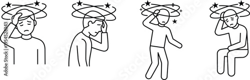 A set of illustrations depicting people experiencing dizziness and disorientation