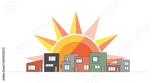 Minimalist Vector Illustration of a Modern Housing Community with Large Rising Sun - Concept for Sustainable Living and Real Estate Development