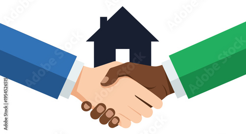 Real Estate Handshake Deal: Diverse Partners Closing Property Agreement with House Silhouette