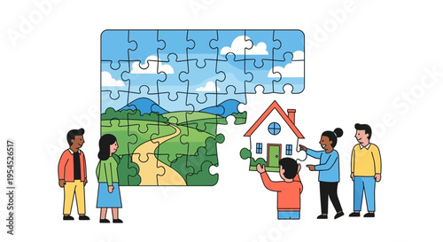 Diverse Group of People and Family Assembling a Jigsaw Puzzle of a House and Landscape, Real Estate Concept Illustration for Home Ownership and Teamwork