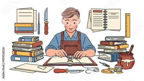 Artisan Crafting: A skilled artisan, engrossed in the meticulous process of crafting, meticulously works on a handcrafted book. The image shows the care, attention.