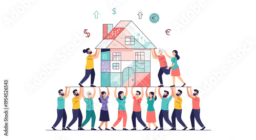Diverse People Lifting a House Together Representing Real Estate Investment, Teamwork, and Community Support Concept