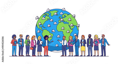Global Real Estate and International Business Concept with Diverse Professional Team in Front of Earth Globe with Houses for Worldwide Property Market and Investment.