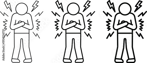 A person experiencing abdominal pain with lightning bolts and zigzags