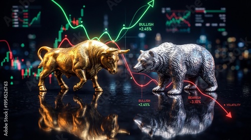 In a vibrant financial landscape, a golden bull faces off against a sleek, dark bear. Colorful stock trends rise and fall behind them, showcasing market dynamics, emotions, and volatility.